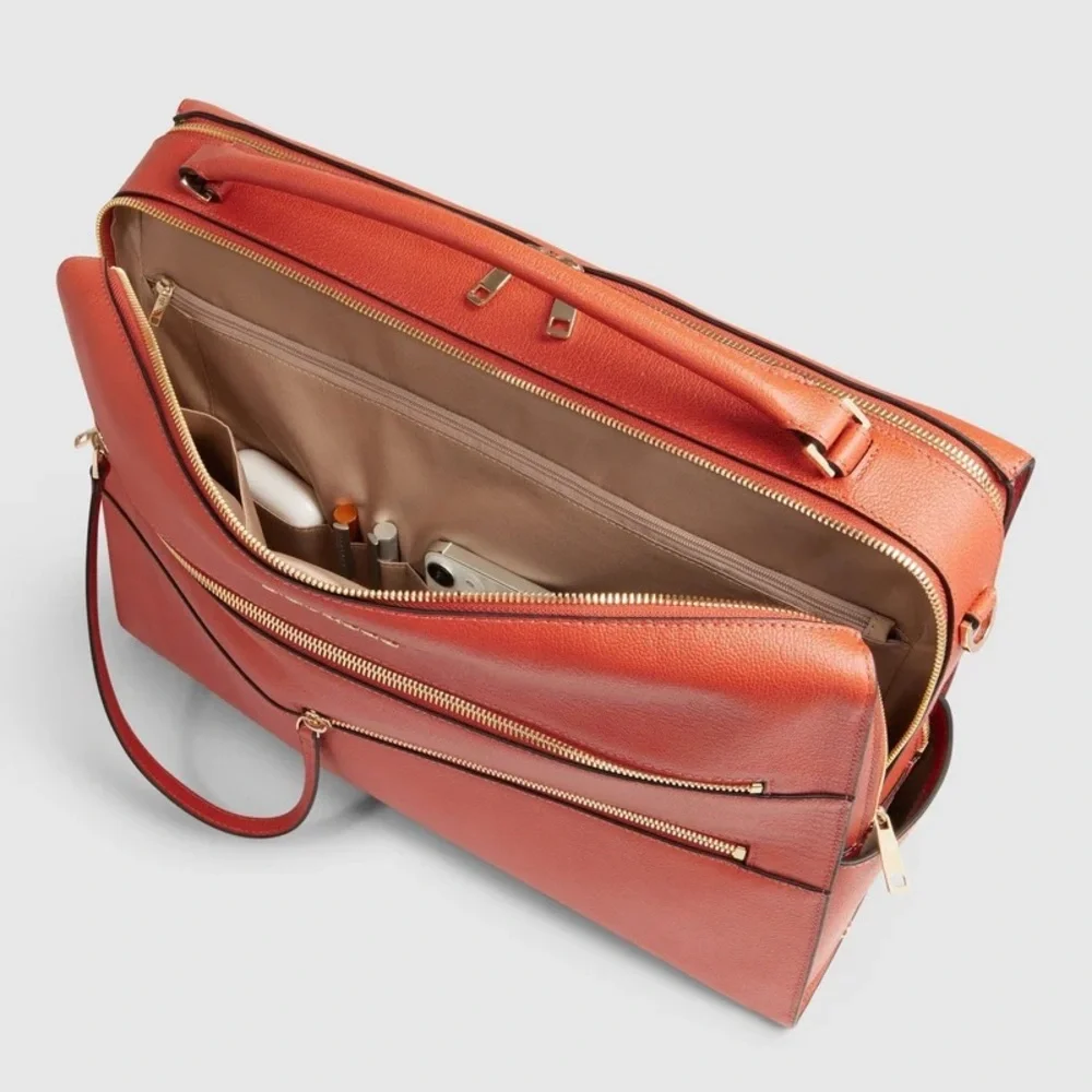 Piquadro Women's Burgundy Leather Laptop Bag with Top Handle